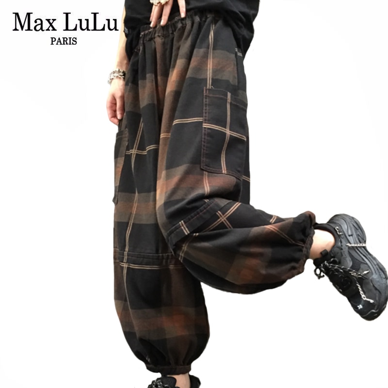 Max LuLu-캐주얼 빈티지 체크 무늬 블랙 청바지 여성용, 루즈핏 하렘 팬츠, 펑크 블루머, 판탈롱, 한국 스타일, 2021